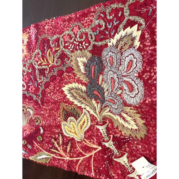 VTG Megan Park England Red Embroidered Silk Beaded Scarf Shawl Barneys NY Luxe - Picture 10 of 11